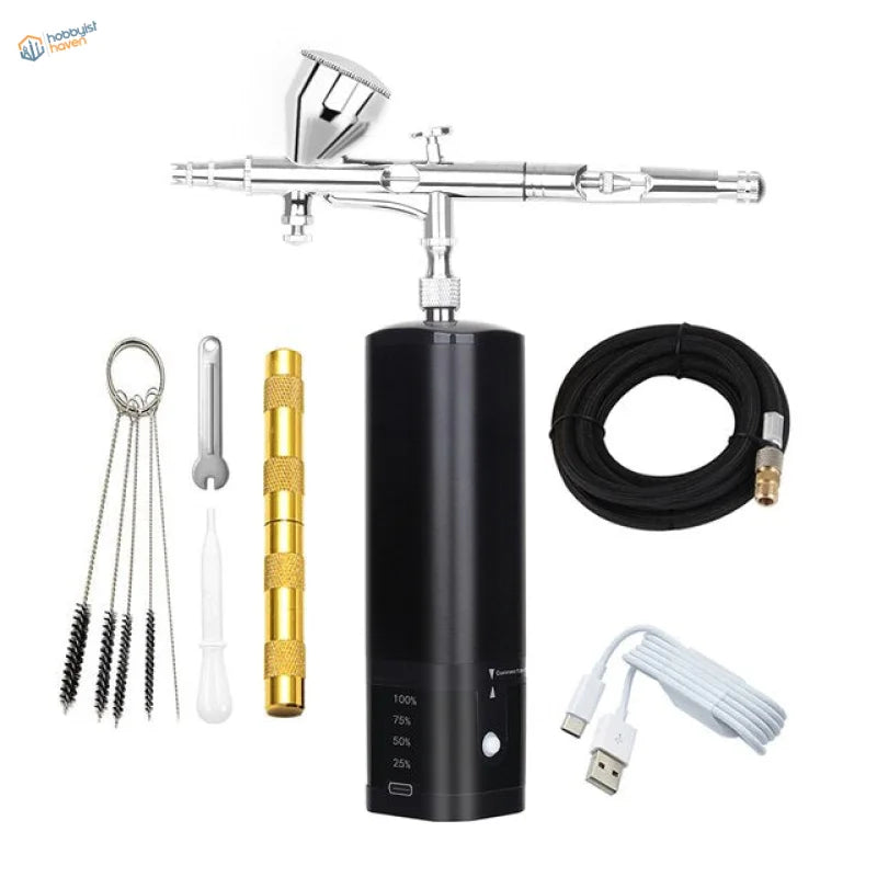 Portable cordless airbrush kit in silver black with gold accessories