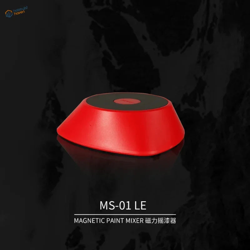 Portable red magnetic paint stirrer with black circular top and sleek rounded design