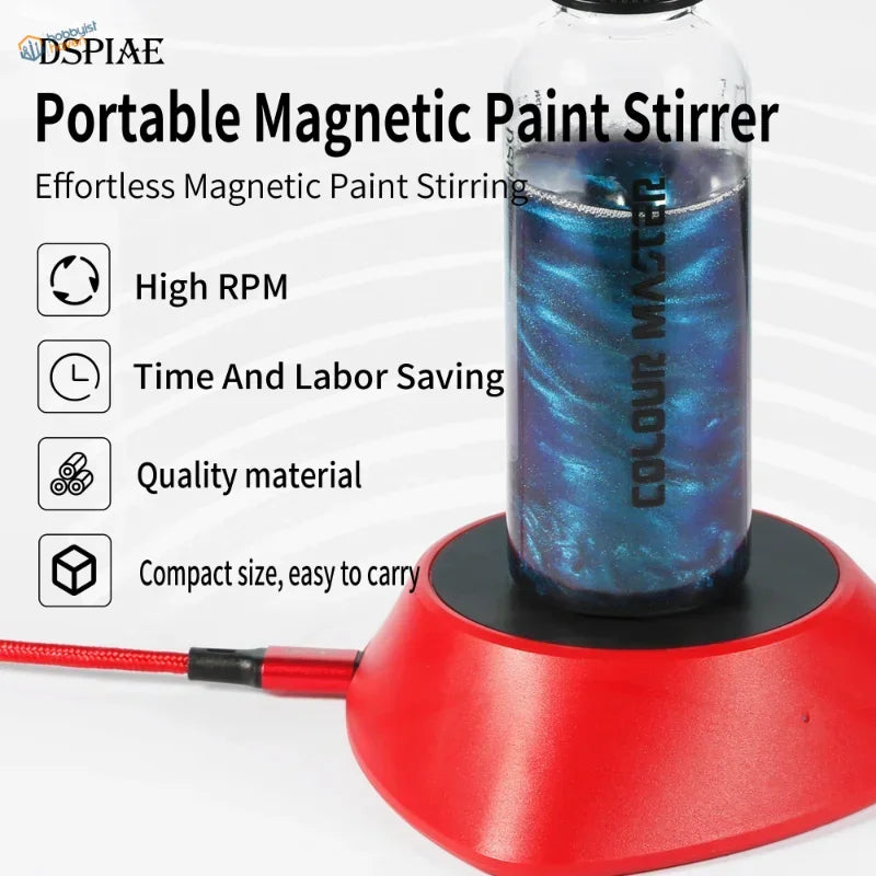 Red Colour Master magnetic paint stirrer with blue paint in glass jar