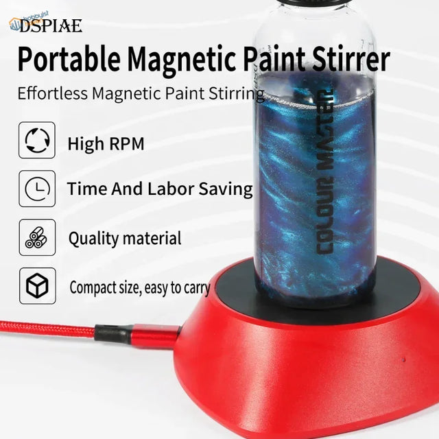 Red Colour Master magnetic paint stirrer with blue paint in glass jar