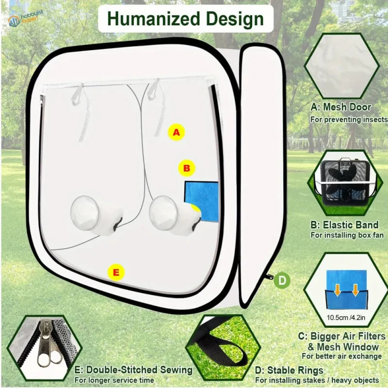 White pop-up portable spray booth 30x30in with mesh door elastic fan band stable rings and storage bag
