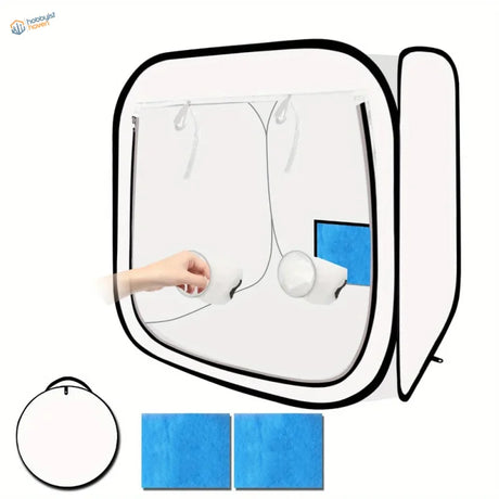Portable spray booth 30x30in with white pop-up studio, clear front panel, black trim, circular reflector, blue diffuser, storage bag