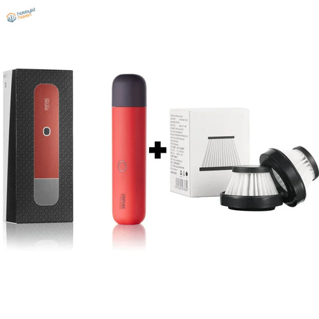 Red and black portable wireless vacuum cleaner with sleek cylindrical design
