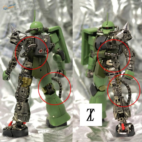 Green and silver Power Pipe Metal Gundam model with spiked armor