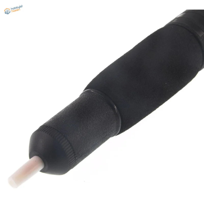 Black ergonomic pen grip on powerful desoldering pump with white eraser tip