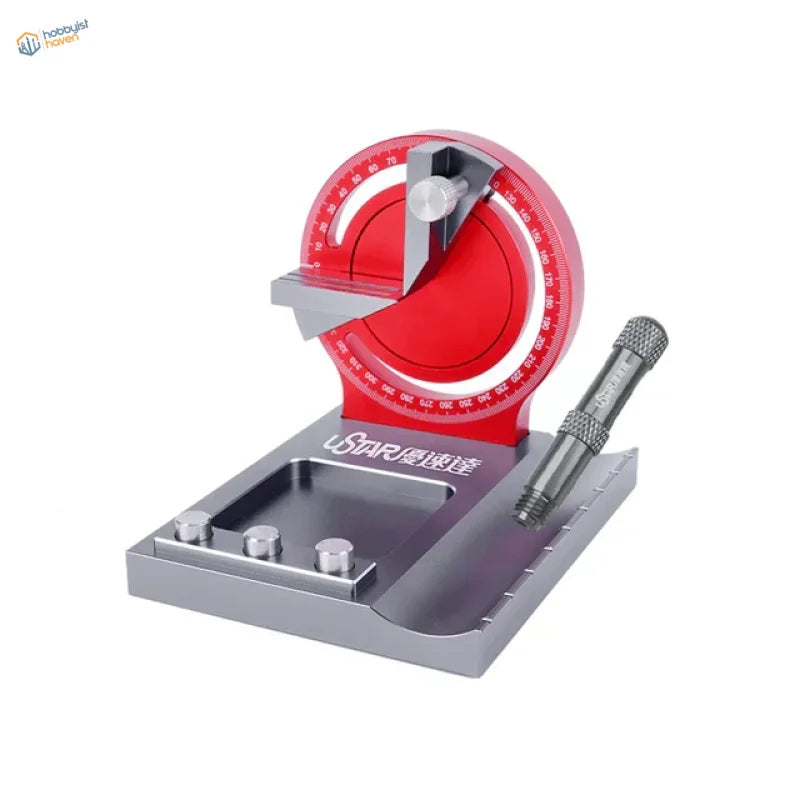 Precision angle gluing station with red silver gauge dial