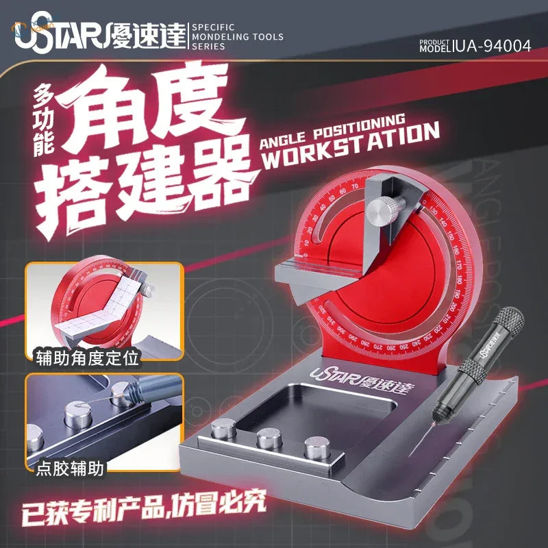 Precision angle gluing station with red silver workstation and degree dial