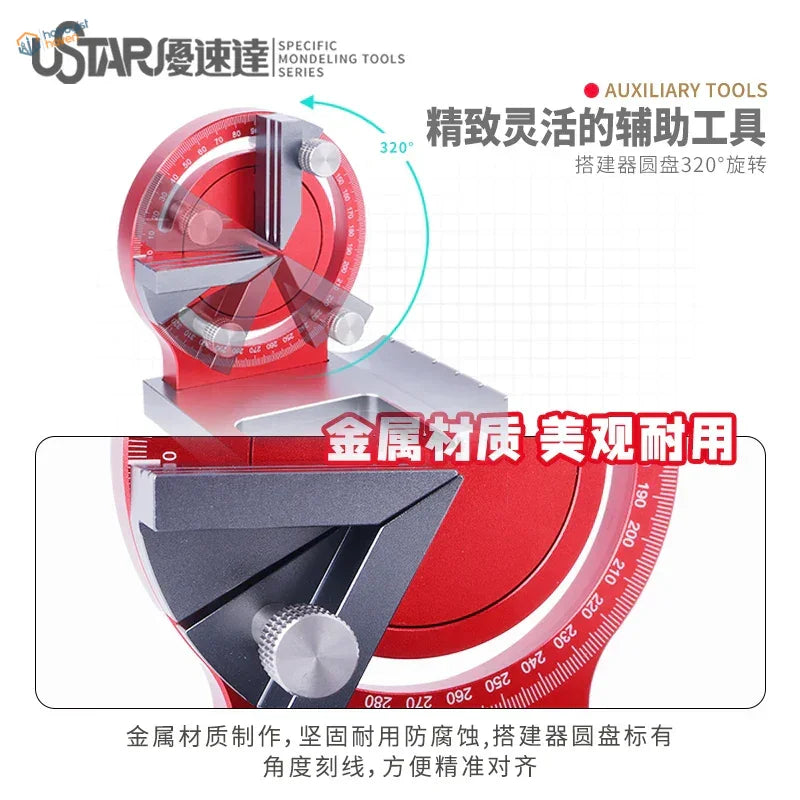 Red silver 320-degree rotating protractor in Precision Angle Gluing Station