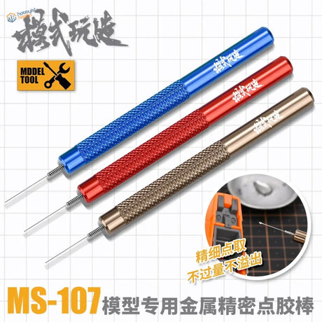 Precision glue dispensing stick with 3 metal dot applicators in blue, red, gold