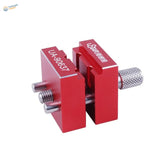 Precision mini vise: red aluminum tool with silver screws and knurled knob