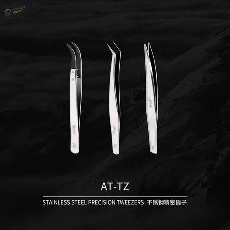 Set of three precision stainless steel tweezers with fine tips