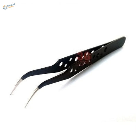 Premium modeling tweezers with straight head, black perforated design, silver tips