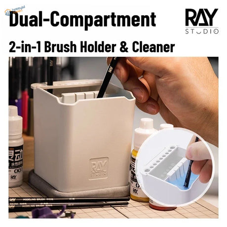 White dual-compartment brush holder and cleaner by ray studio featuring a two-in-one brush-cleaning pot design