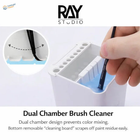 Ray Studio two-in-one brush-cleaning pot white plastic dual-chamber with blue interior and removable bottom board
