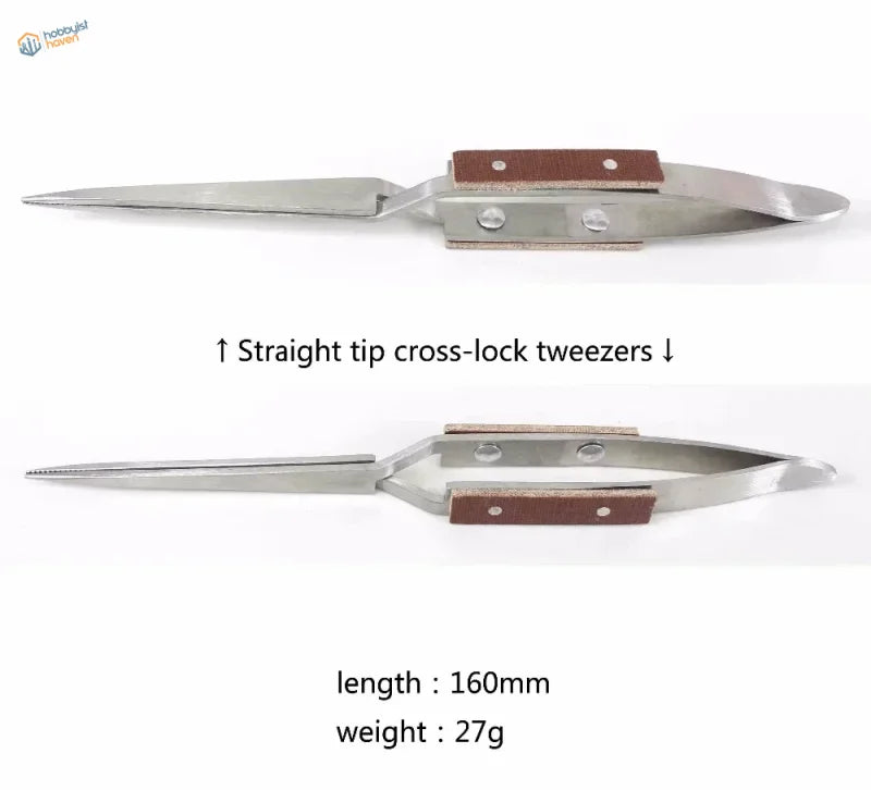 Silver straight-tip reverse tweezers with brown leather handles, 160mm