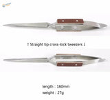 Silver straight-tip reverse tweezers with brown leather handles, 160mm