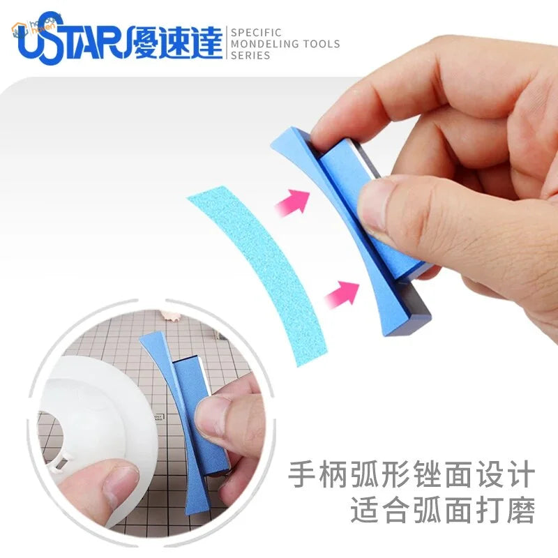 Blue curved sanding handle for precision hobby scale modeling tools