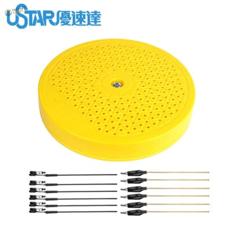 Back of bright yellow rotary painting turntable speaker with cables