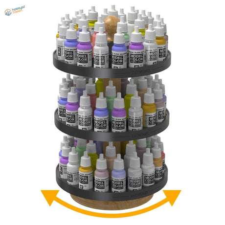 Three-tiered rotating paint bottle organizer holding numerous vibrant model color acrylic paint bottles