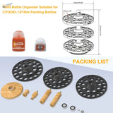 Black plastic three tiered rotating paint bottle organizer with wooden accents and central spindle for Vallejo AK Ammo or Citadel bottles