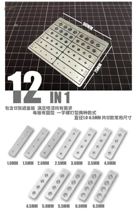 Silver round shape airbrush template set with various screw holes for painting