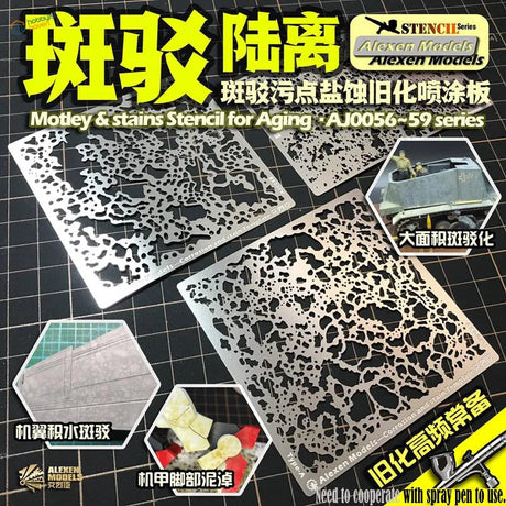 Rust mold stencils for scale modeling: silver metal with irregular cutouts
