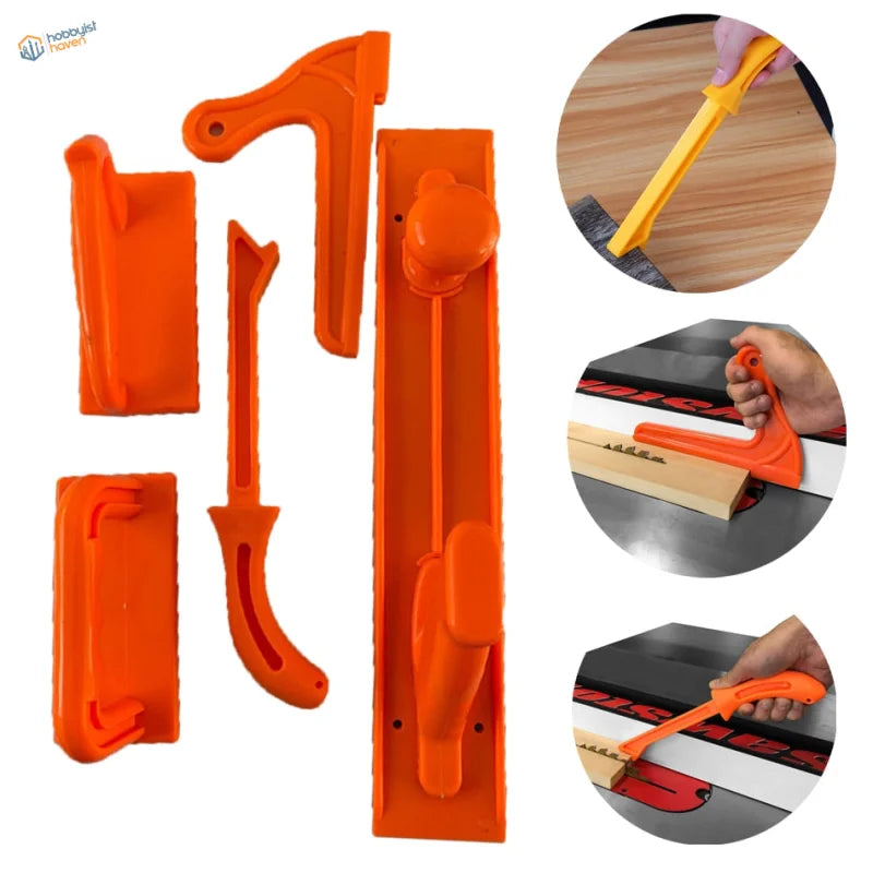 Bright orange push blocks and push stick set for standard width precise wood cutting