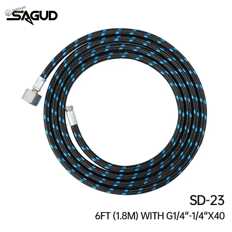 Black and blue nylon braided airbrush hose model sd-23 by sagud with metallic fittings for steady airflow in scale modeling tools