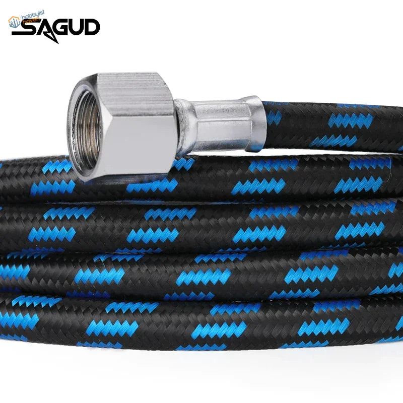 Sagud nylon braided airbrush hose in black and blue with silver metal connector for steady airflow in scale modeling tools