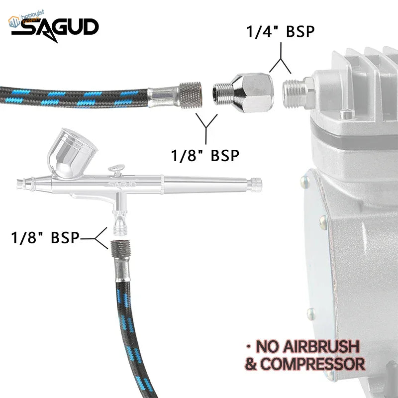 Silver sagud airbrush with chrome finish and black blue nylon braided hose designed for steady airflow in scale modeling tools