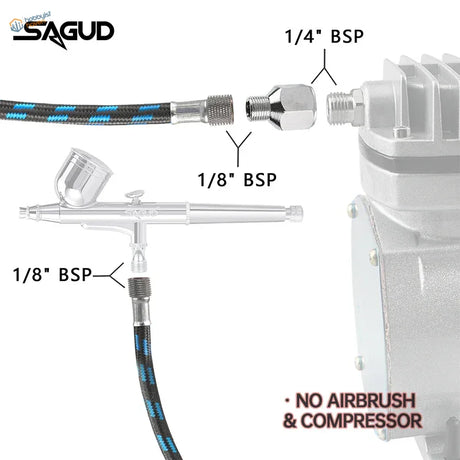 Silver sagud airbrush with chrome finish and black blue nylon braided hose designed for steady airflow in scale modeling tools
