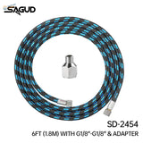Blue and black striped sagud nylon braided airbrush hose with metallic adapter for steady airflow and scale modeling tools