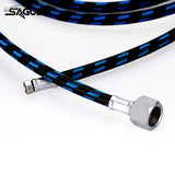 Blue and black nylon braided airbrush hose with metallic connectors for steady airflow in scale modeling tools