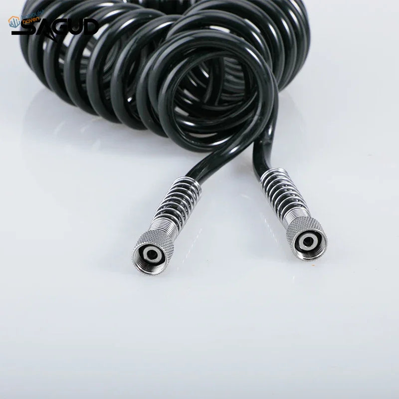 Black sagud spring coil airbrush hose with metallic threaded connectors designed as a durable coiled air line