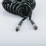 Black sagud spring coil airbrush hose with metallic threaded connectors designed as a durable coiled air line