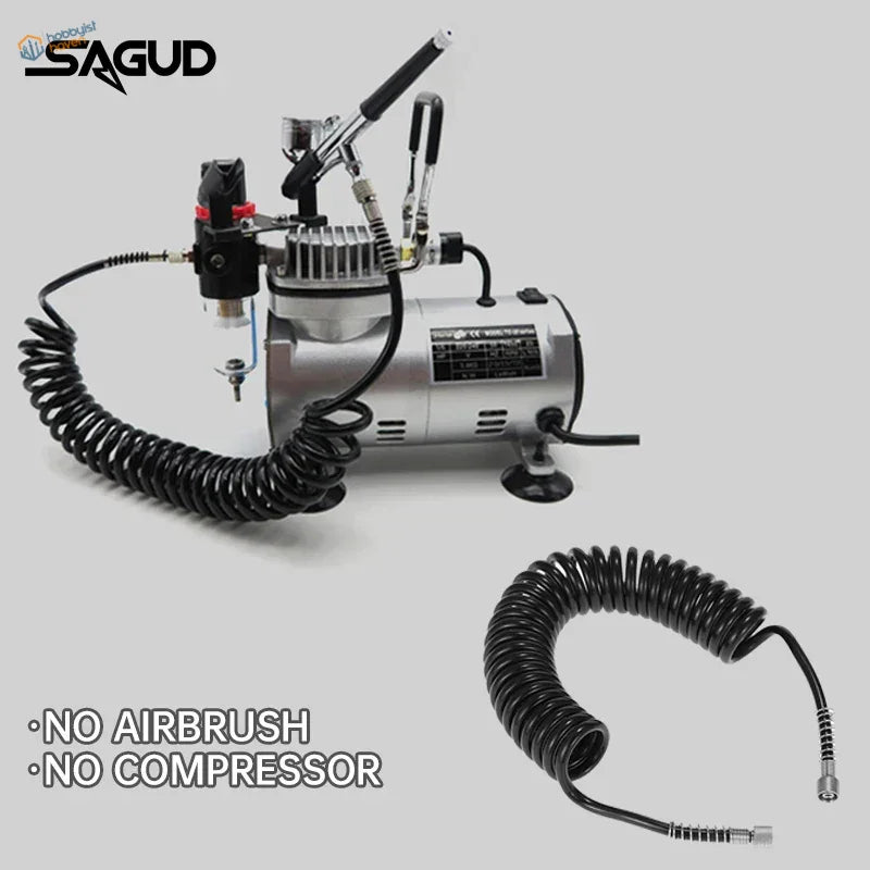 Silver sagud air compressor with black spring-coil hose stretches featuring a pressure regulator for coiled air line use