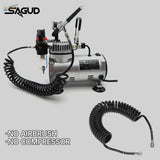 Silver sagud air compressor with black spring-coil hose stretches featuring a pressure regulator for coiled air line use