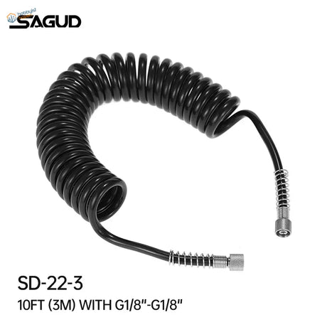 Black coiled air line spring-coil hose by Sagud model sd-22-3 with metallic threaded connectors for airbrush use