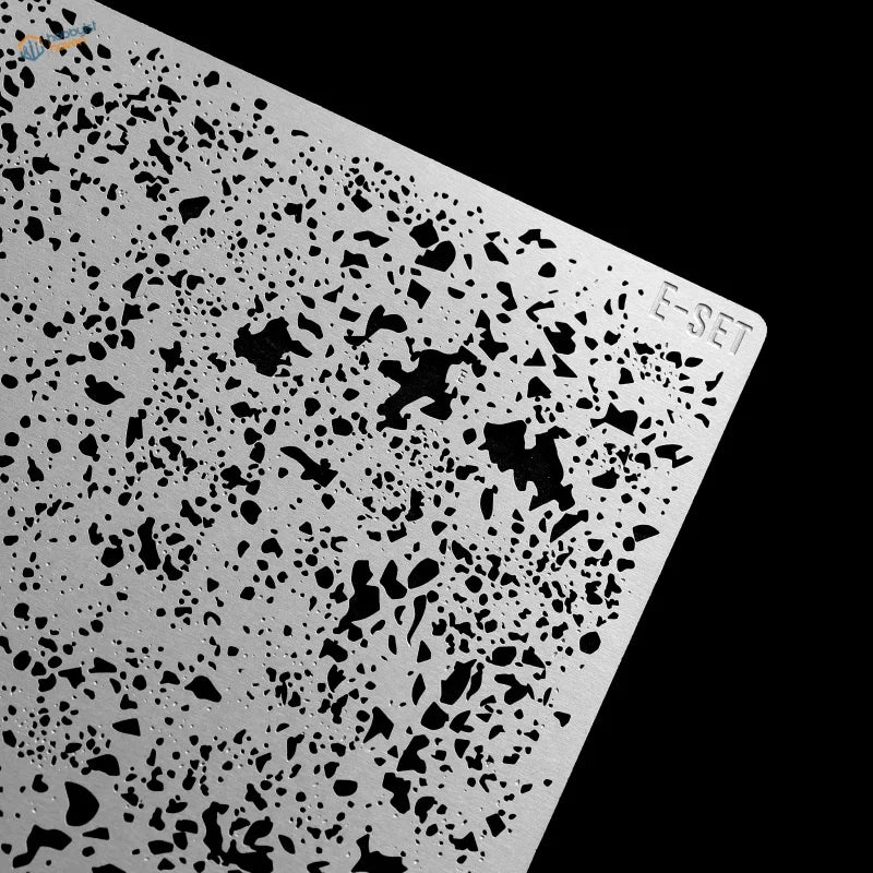 Silver metal salt weathering and corrosion stencil with terrazzo black speckles for precision hobby tools in model building