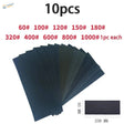 Premium sandpaper set with 10 black sheets 230mm x 93mm, 60# to 1000# grits