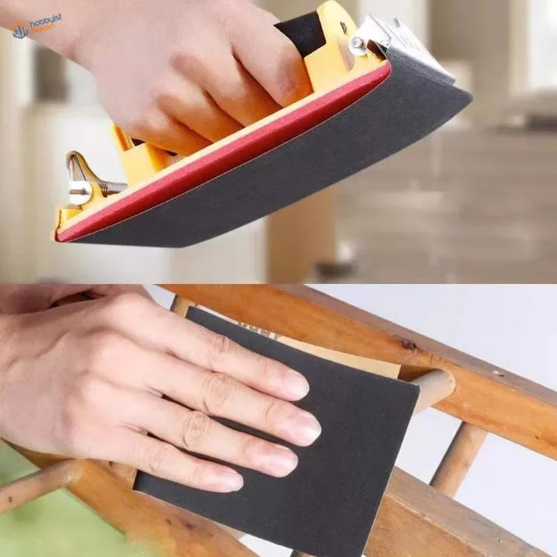 Yellow black sanding block with metal clip in premium sandpaper set