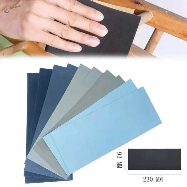 Premium sandpaper set: black 93mm x 230mm sheets fanned in blue-gray shades