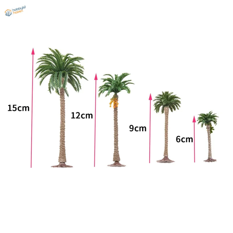 Set of four scale model palm trees in varying heights