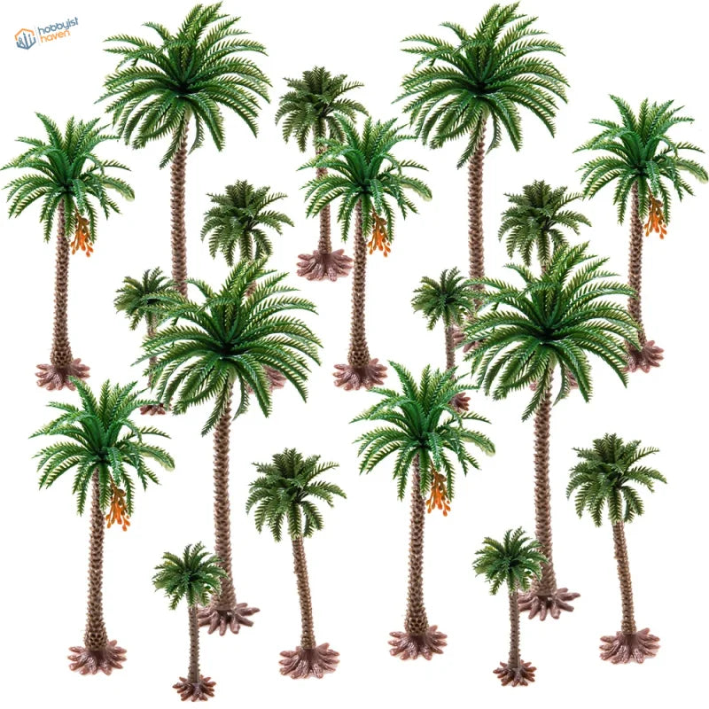 Scale model palm trees: miniature green palms with brown trunks for dioramas