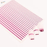 Pink metallic stripe stickers on white sheet with purple acrylic nail tips