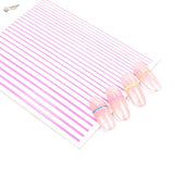 Pink white striped nail art stripe stickers sheet with sample nails