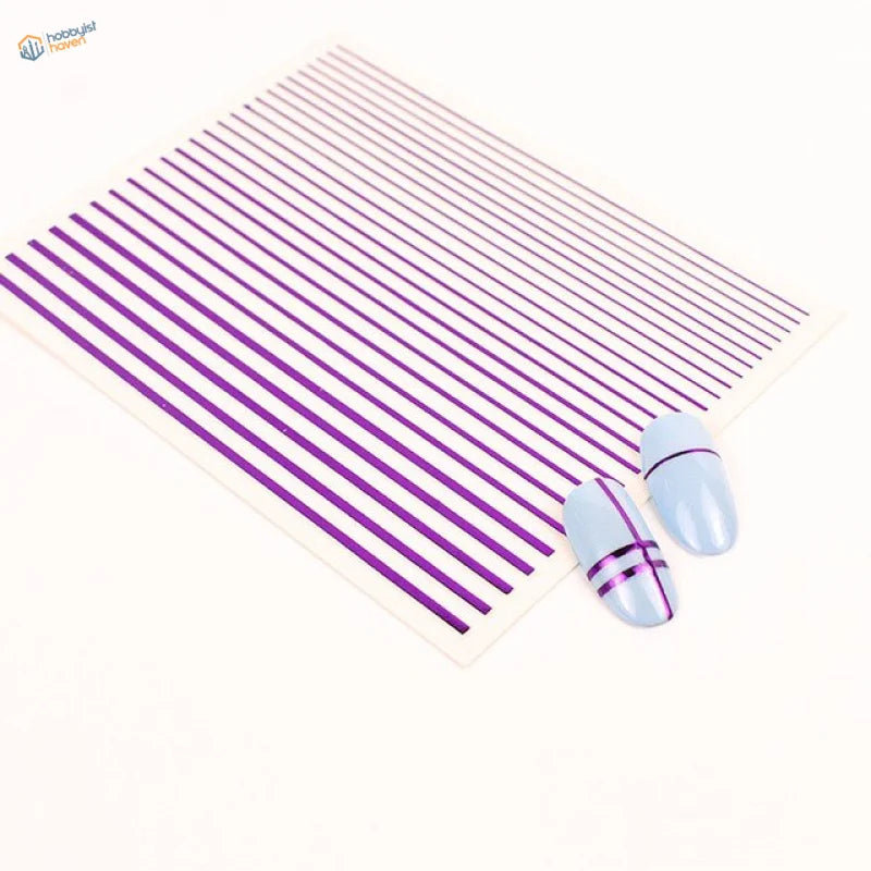 Purple stripe stickers on white sheet with light blue nails for scale