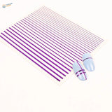 Purple stripe stickers on white sheet with light blue nails for scale