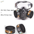 Black full face dust mask with clear visor and filter boxes