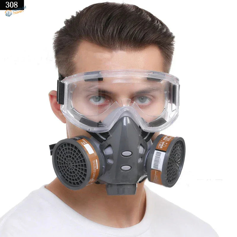 Gray face dust mask with goggles and brown filters